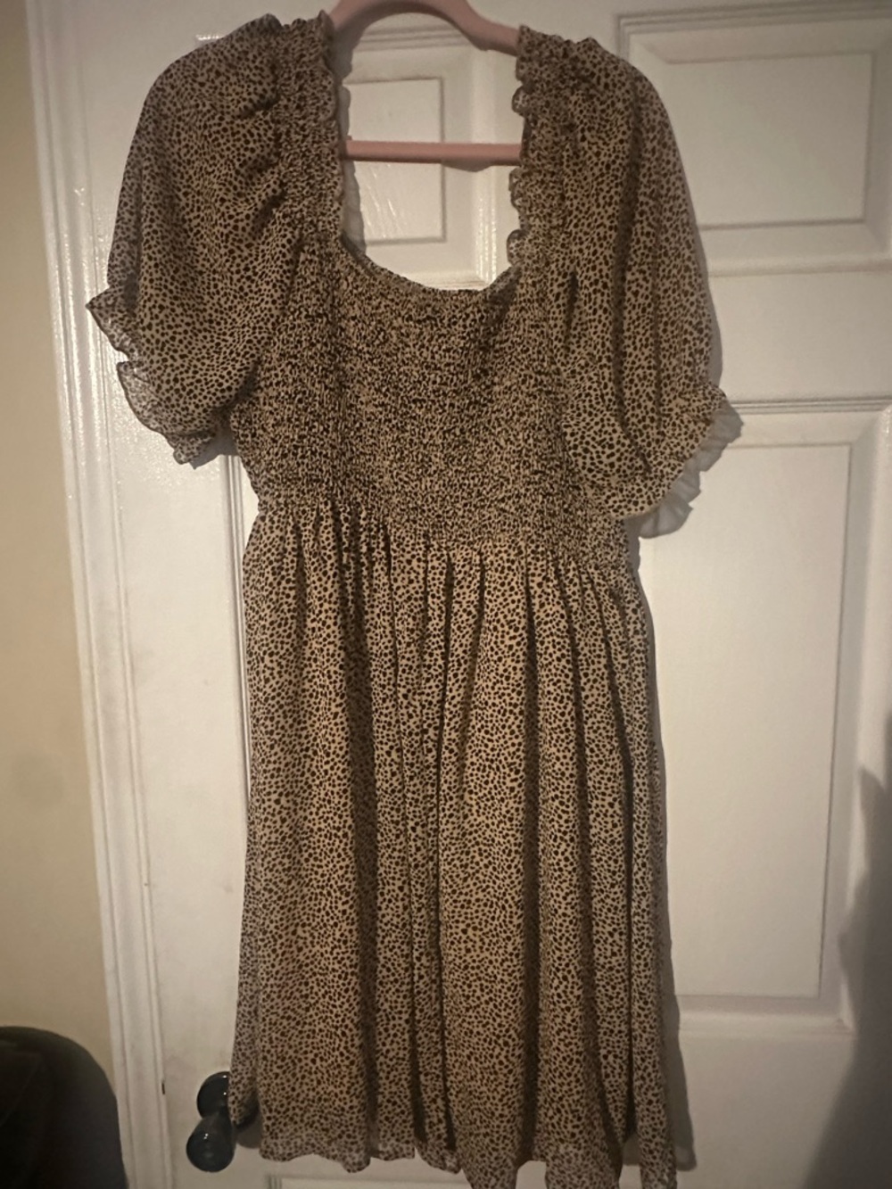 Beige Leopard Print Puff Sleeve Midi Dress